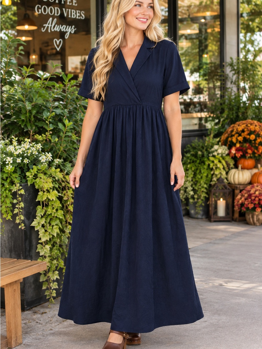 bohme Small Bohme Maxi Navy Blue collared maxi dress featuring a V-neck